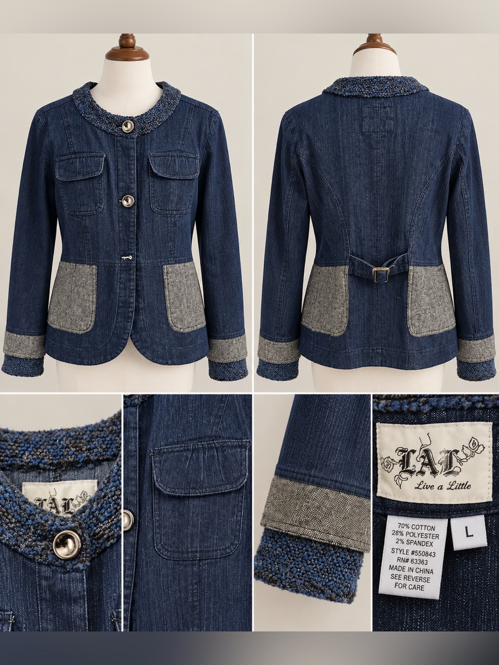 Live a Little Navy Denim Jacket with Gray Tweed Accents